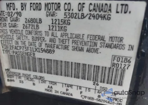 1990 Ford Crown Victoria z USA, uszkodzony, nr VIN 2FACP73F1LX154889